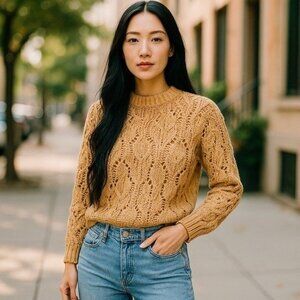 Forte Forte Braided Mohair Silk Cashmere Open Knit Crewneck Sweater Tan Sz M